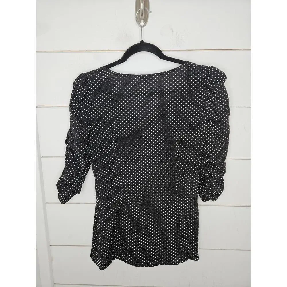 Ann Taylor size 8 black & white dot ruched sleeve silk blouse - Picture 2 of 3